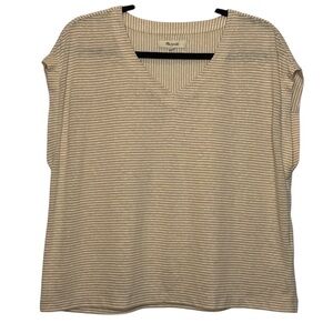 Madewell Women's Beige Linen Blend White Pinstripe Cap‎ Sleeve Top Tee T-shirt M
